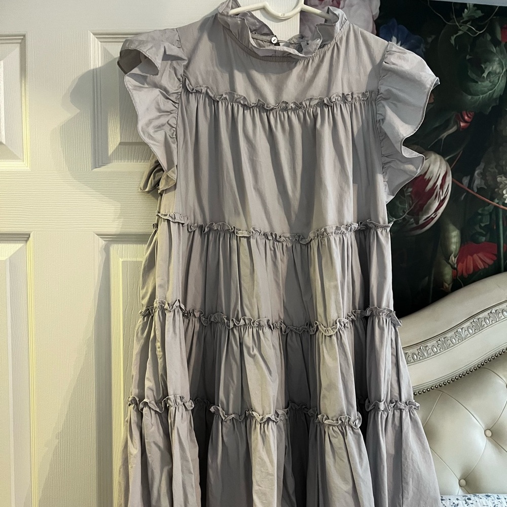 En Saison Gray Puff Sleeve Tiered Midi Dress